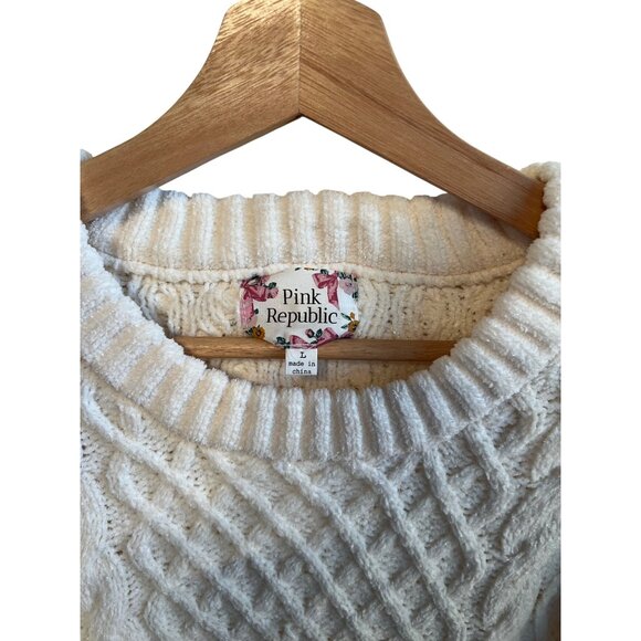 Pink Republic White Cream Cable Knit Crewneck Long Sleeve Sweater Women's Size L - Picture 2 of 4